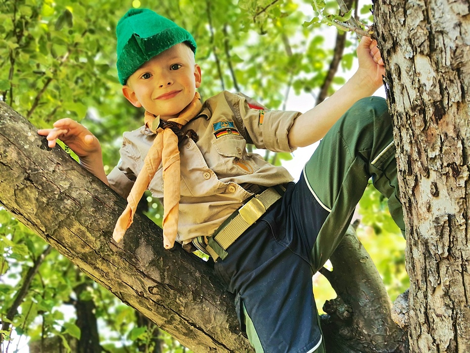 Wölfling klettert im Baum als Robin Hood