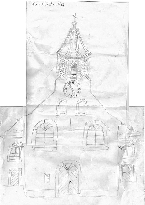 Skizze der Kirche in Karlsbad-Spielberg durch Sippe Karok von Inka