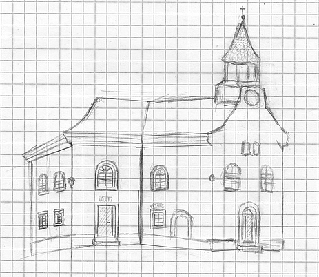 Skizze der Kirche in Karlsbad-Spielberg durch Sippe Kimbern