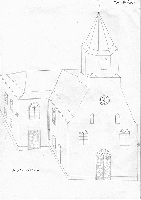 Skizze der Kirche in Karlsbad-Spielberg durch Sippe Bataver