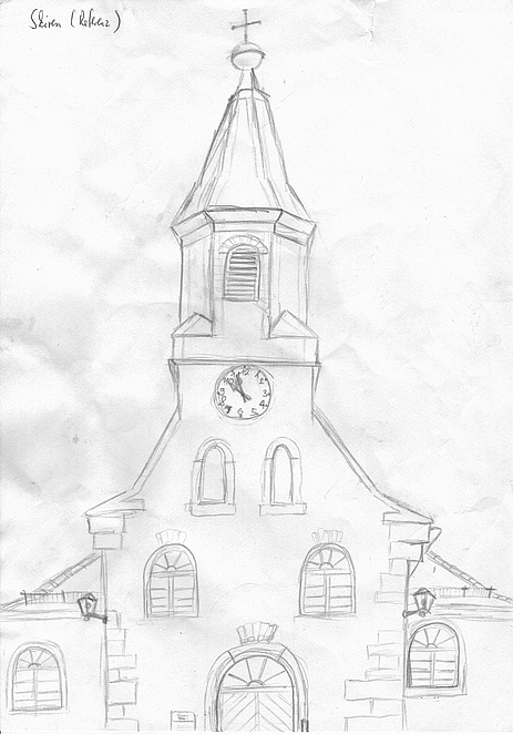 Skizze der Kirche in Karlsbad-Spielberg durch Sippe Skiren - Referenzzeichnung