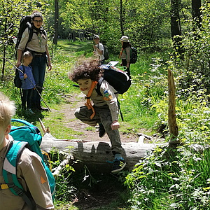 Geschickt über einen Baumstamm gehüpft - Wölflinge auf Abenteuertag